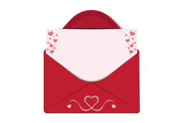 3d love letter with open envelope, paper, hearts vector design. valentines day red background design