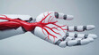 © SJ Studio - Surgery Correctives Concept. A robotic hand with visible red veins, blending technology and biology, symbolizes the intersection of artificial intelligence and human anatomy.