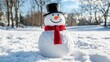 © 69 - Charming Snowman with Top Hat and Red Scarf Surrounded by Winter Wonderland in Bright Sunlight, Ideal for Holiday and Seasonal Themes