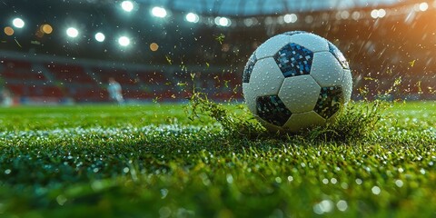 Soccer ball kicking grass stadium sports action dynamic environment close-up view athletic concept