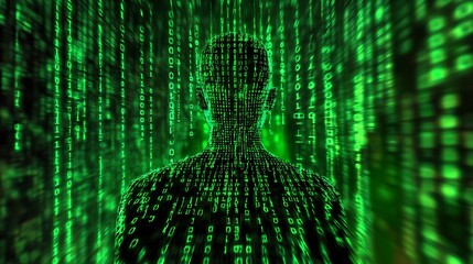 digital human silhouette formed by falling green binary code.