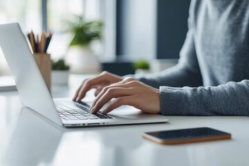 Man Typing on Laptop in Modern Office Setting with Natural Light Closeup of Hands at Work