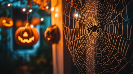 A spider in its web with a background of glowing jack-o'-lanterns