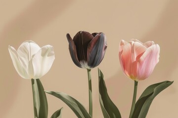 Canvas Print - Beautiful arrangement of three tulips in soft pastel colors, showcasing a white, dark purple, and pink blossom against a light beige background. Floral decor concept.