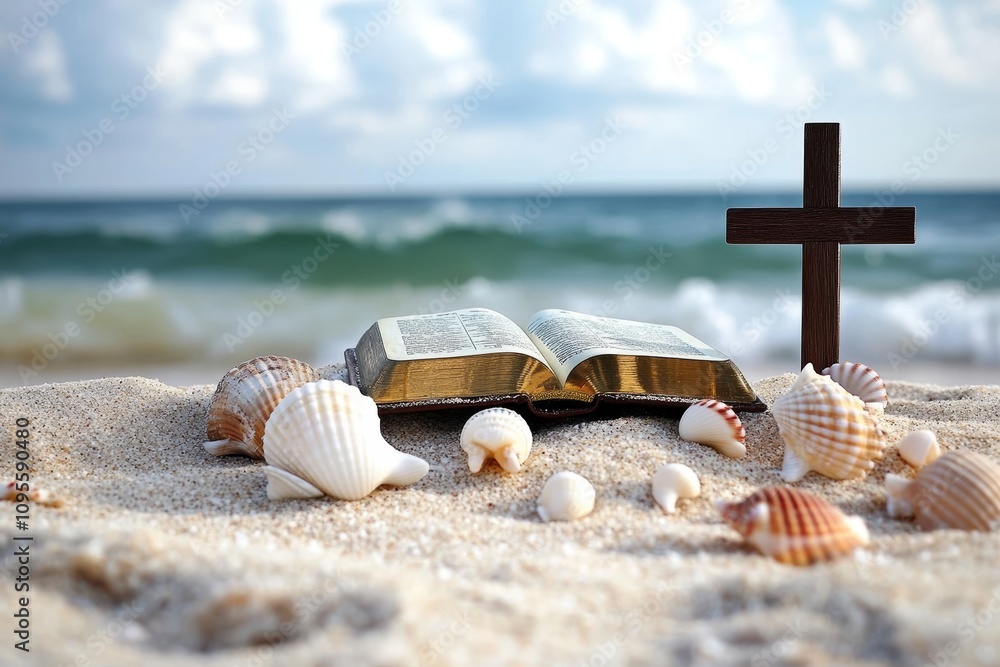 Summer Retreat on Serene Beach with Bible, Cross of Jesus Christ ...