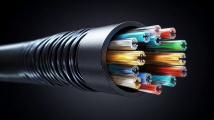 Close-up of Twisted Black Ethernet Cable with Colorful Fiber Optic Strands on Dark Background