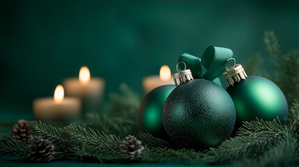 Wall Mural - green christmas background with bauble and candles