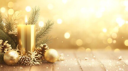 Wall Mural - Christmas background with a golden candle and decorations on a wooden table. Golden bokeh lights, with space for text or design. Christmas card template