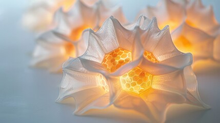 Abstract white flower-shaped 3D printed objects with glowing honeycomb centers.