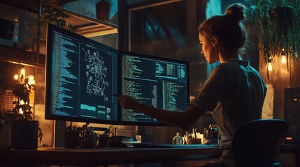 Woman programmer coding late at night.