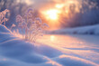 © ekim - Snow and frost covered plant by the frozen river. Bright winter sunlight, cold weather. Defocused image, blurry background.