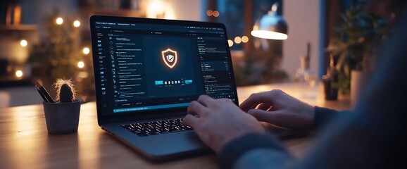 Person using laptop with security software interface at night.
