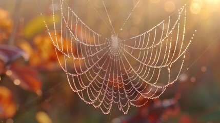 Dew covered spider web in the morning sunlight with a blurred background of foliage.
