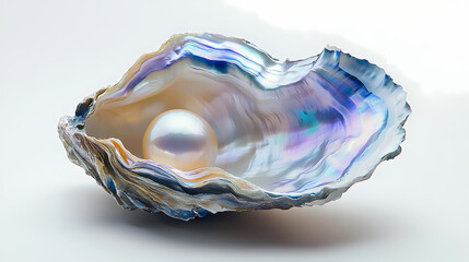 Wall Mural - A single, lustrous natural pearl nestled inside an open oyster shell, close-up shot on a white background. the mother-of-pearl shines with iridescent colors. Iridescent Pearl Shells. Illustration