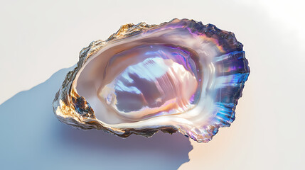 Wall Mural - A single, lustrous natural pearl nestled inside an open oyster shell, close-up shot on a white background. the mother-of-pearl shines with iridescent colors. Iridescent Pearl Shells. Illustration
