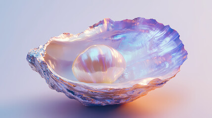 Wall Mural - a single, lustrous natural pearl nestled inside an open oyster shell, close-up shot on a white backg