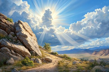 Wall Mural - A painting of a mountain with a sun shining through the clouds, God in heaven concept