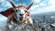 © Lens Legacy - An alpaca dons a superhero cape as it soars through the sky, floating above a cityscape with a cheerful expression, embodying freedom and adventure.
