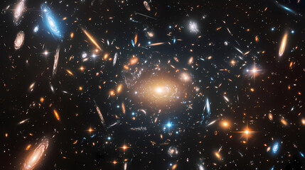 Wall Mural - a vast cosmic web with galaxies connected by glowing filaments of dark matter. galactic horizon edge