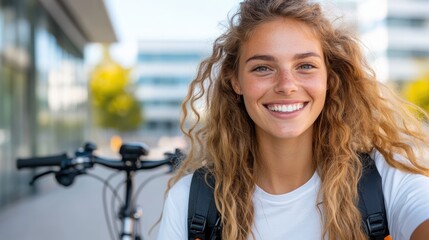 Wall Mural - A young woman with curly hair and a bright smile stands outdoors in front of a bicycle, wearing a backpack. The background is blurred, showcasing modern architecture.