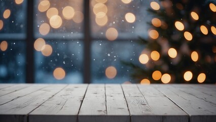 Wall Mural - rustic wood board mockup surface with snow view through windows and christmas tree with gold bokeh l