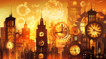 Canvas Print - An intricate steampunk cityscape with towering buildings, gears, and large clock faces, bathed in warm, golden light. steampunk cityscape. illustration. Mechanical Clock Tower. Illustration