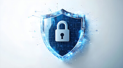 Cybersecurity shield with a lock symbol and digital code