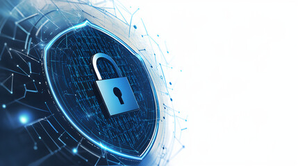 Cybersecurity shield with a lock symbol and digital code
