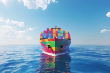 Vibrant cargo ship on tranquil ocean with clear sky