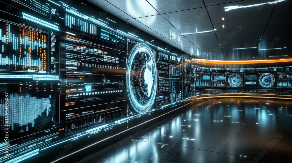 A futuristic data center with holographic displays showing global data ...