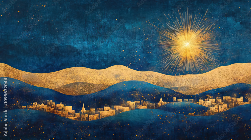 Epiphany banner with radiant star over a hilly desert landscape with ...