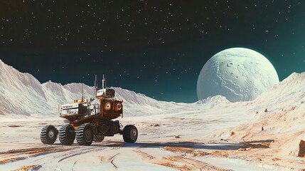 Wall Mural - a futuristic rover on an extraterrestrial landscape with a large moon in the background
