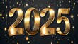 © JINGWEN - Festive golden ribbons with '2025' numbers creating celebratory atmosphere for New Year's Eve or special events, ideal for text overlay. New year celebration concept with elegant design.