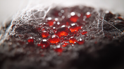 Red liquid droplets on dark soil with spider web threads