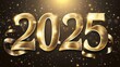 © JINGWEN - Festive golden ribbons with '2025' numbers creating celebratory atmosphere for New Year's Eve or special events, ideal for text overlay. New year celebration concept with elegant design.