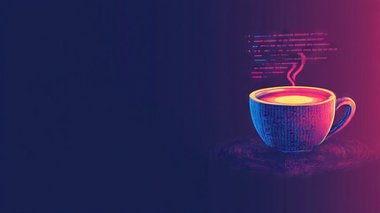 cup with hot steaming coffee with hologram code snippet on dark background with copy space, represen