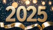 © JINGWEN - Festive golden ribbons with '2025' numbers creating celebratory atmosphere for New Year's Eve or special events, ideal for text overlay. New year celebration concept with elegant design.