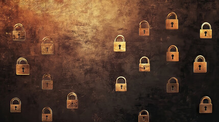 Encryption Symbols: grunge vintage gold Small lock for coding symbols for security protocols with copy space.