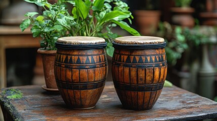 two wooden drums with black strings