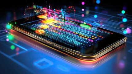 Smartphone with hologram Code: Showing mobile programming and app development for International Programmers' Day banner.