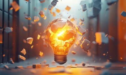 exploding light bulb with shards, bright glow, dynamic energy, creative concept, innovation, inspira