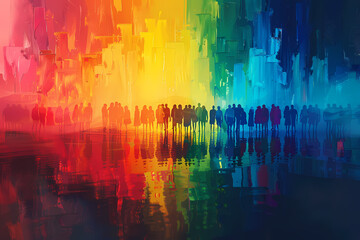 Wall Mural - Silhouettes of diverse figures stand against a vibrant rainbow-hued backdrop, reflecting a sense of unity and celebration of diversity.