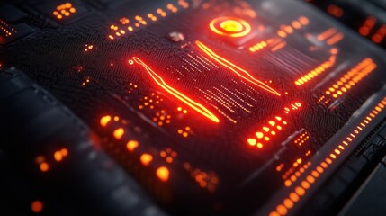 Futuristic interface with glowing orange lines and buttons on a dark textured surface.