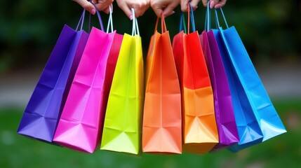 A collection of colorful shopping bags held by hands, symbolizing retail and consumerism.