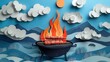 © Kunchan - A dynamic layered paper cut featuring grilled pork skewers sizzling on a fiery grill with smoke and flames creating a striking scene against a mountainous landscape backdrop
