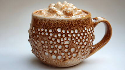 Wall Mural - A unique handmade ceramic mug with intricate textures, holding frothy hot chocolate topped 