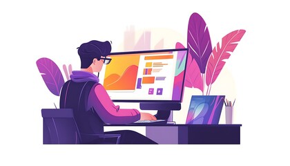A person working on a computer in a modern workspace with plants.