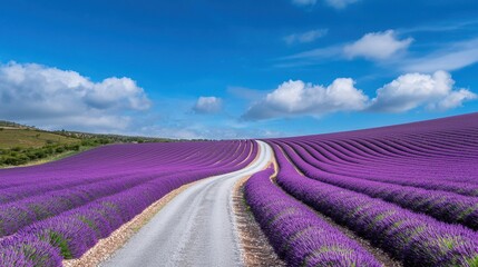 Poster - A scenic lavender field with vibrant purple flowers stretching along a winding path under a bright blue sky.