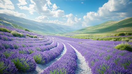 Poster - A serene lavender field stretches across rolling hills under a bright blue sky, creating a picturesque landscape filled with vibrant purple flowers.