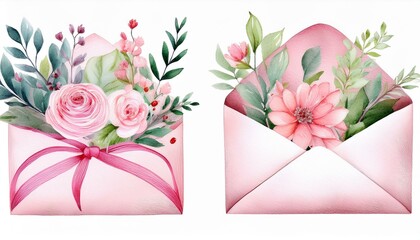 Wall Mural - Pink watercolor floral envelopes, perfect for wedding invitations or romantic notes.